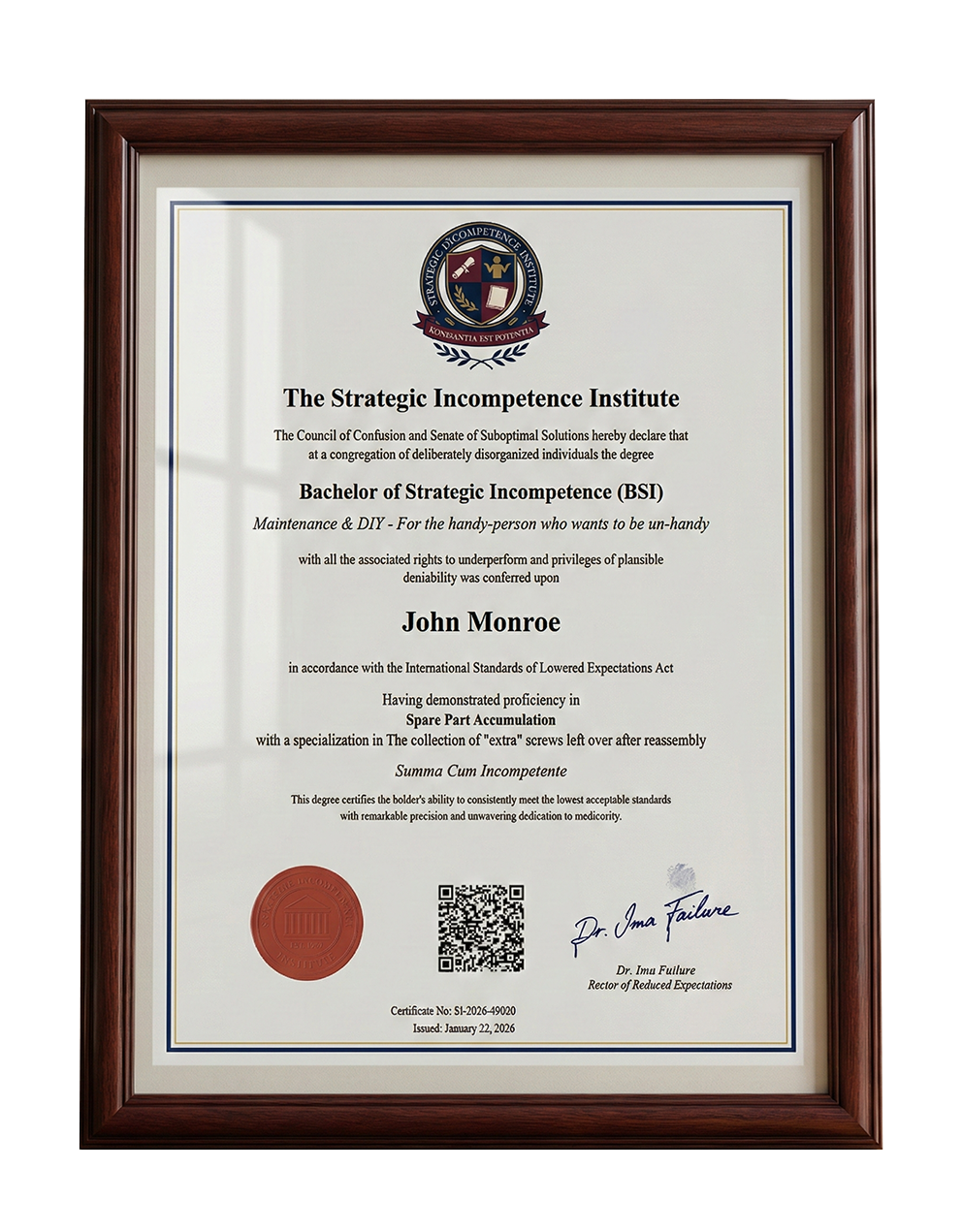 Strategic Incompetence Certificate Sample